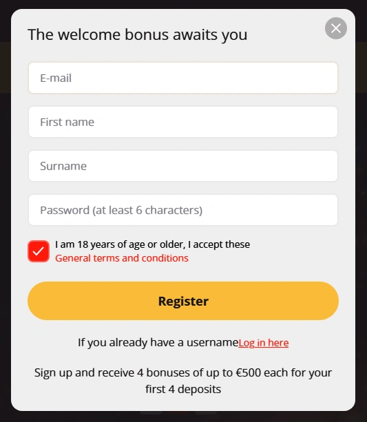 Île de Casino registration form interface